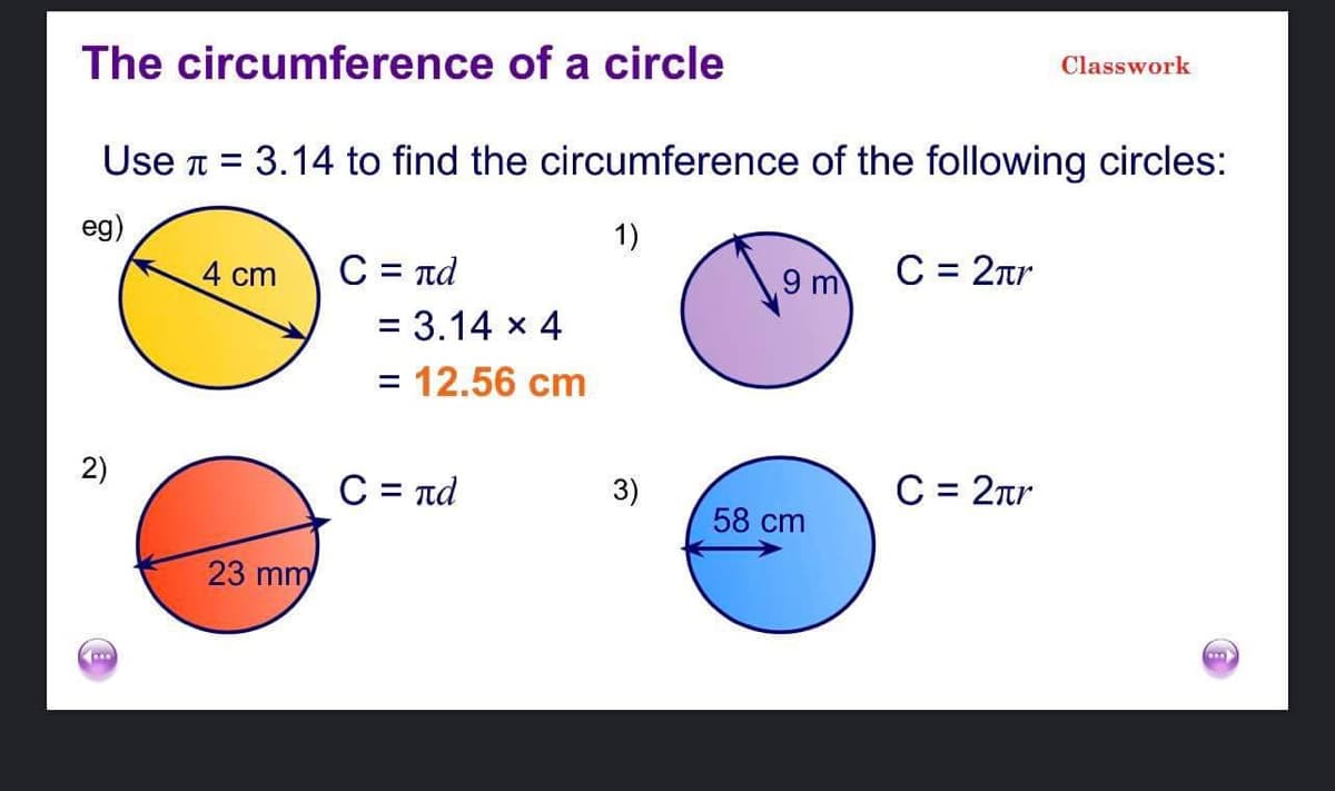 The circumference of a circle
Classwork
Use T =
3.14 to find the circumference of the following circles:
eg)
1)
4 cm
C = nd
9 m
C = 2tr
= 3.14 x 4
= 12.56 cm
2)
C = nd
3)
C = 2nr
%3D
58 cm
23 mm
