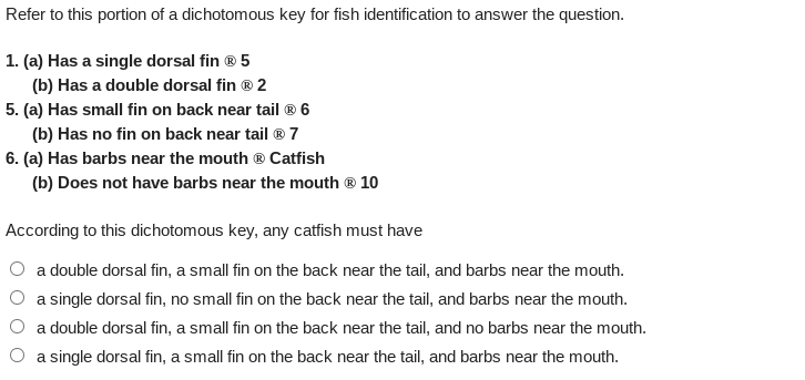 Refer
to this portion of a dichotomous key for fish identification to answer the question.
1. (a) Has a single dorsal fin Ⓡ 5
(b) Has a double dorsal fin ® 2
5. (a) Has small fin on back near tail Ⓡ 6
(b) Has no fin on back near tail Ⓡ 7
6. (a) Has barbs near the mouth ® Catfish
(b) Does not have barbs near the mouth Ⓡ 10
According to this dichotomous key, any catfish must have
a double dorsal fin, a small fin on the back near the tail, and barbs near the mouth.
a single dorsal fin, no small fin on the back near the tail, and barbs near the mouth.
a double dorsal fin, a small fin on the back near the tail, and no barbs near the mouth.
a single dorsal fin, a small fin on the back near the tail, and barbs near the mouth.