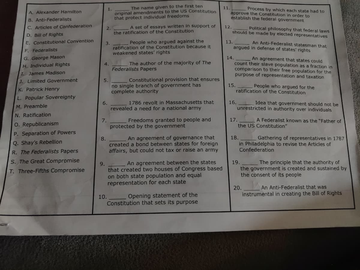 The name given to the first ten
original amendments to the US Constitution
that protect individual freedoms
11.
Process by which each state had to
1.
A. Alexander Hamilton
approve the Constitution in order to
establish the federal government
B. Anti-Federalists
C. Articles of Confederation
A set of essays written in support of
12.
2.
the ratification of the Constitution
Political philosophy that federal laws
should be made by elected representatives
D. Bill of Rights
E. Constitutional Convention
People who argued against the
13.
An Anti-Federalist statesman that
3.
ratification of the Constitution because it
weakened states' rights
argued in defense of states' rights
F. Federalists
14.
An agreement that states could
count their slave population as a fraction in
comparison to their free population for the
purpose of representation and taxation
G. George Mason
4.
The author of the majority of The
H. Individual Rights
Federalists Papers
I. James Madison
J. Limited Government
5.
Constitutional provision that ensures
no single branch of government has
complete authority
15.
People who argued for the
K. Patrick Henry
ratification of the Constitution
L. Popular Sovereignty
16.
Idea that government should not be
unrestricted in authority over individuals
6.
1786 revolt in Massachusetts that
M. Preamble
revealed a need for a national army
N. Ratification
7.
Freedoms granted to people and
17.
A Federalist known as the "Father of
O. Republicanism
protected by the government
the US Constitution"
P. Separation of Powers
An agreement of governance that
created a bond between states for foreign
affairs, but could not tax or raise an army
18.
in Philadelphia to revise the Articles of
Confederation
Gathering of representatives in 1787
Q. Shay's Rebellion
R. The Federalists Papers
S. The Great Compromise
19.
The principle that the authority of
9.
An agreement between the states
that created two houses of Congress based
on both state population and equal
representation for each state
the government is created and sustained by
the consent of its people
T. Three-Fifths Compromise
20.
An Anti-Federalist that was
Opening statement of the
instrumental in creating the Bill of Rights
10.
Constitution that sets its purpose
