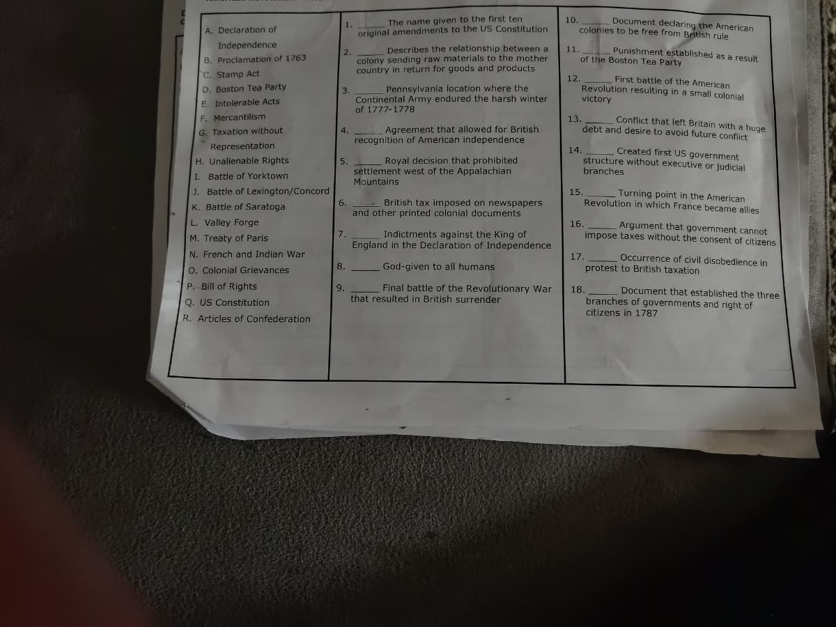 10.
Document declaring the American
1.
The name given to the first ten
A. Declaration of
original amendments to the US Constitution
colonies to be free from British rule
Independence
Describes the relationship between a
Punishment established as a result
11.
2.
colony sending raw materials to the mother
country in return for goods and products
B. Proclamation of 1763
of the Boston Tea Party
C. Stamp Act
12.
Revolution resulting in a small colonial
First battle of the American
D. Boston Tea Party
E. Intolerable Acts
Pennsylvania location where the
3.
Continental Army endured the harsh winter
of 1777-1778
victory
F. Mercantilism
Conflict that left Britain with a huge
13.
debt and desire to avoid future conflict
Agreement that allowed for British
recognition of American independence
G. Taxation without
4.
Representation
Created first US government
14.
structure without executive or judicial
branches
H. Unalienable Rights
5.
Royal decision that prohibited
settlement west of the Appalachian
I. Battle of Yorktown
Mountains
J. Battle of Lexington/Concord
Turning point in the American
Revolution in which France became allies
15.
British tax imposed on newspapers
6.
and other printed colonial documents
K. Battle of Saratoga
L. Valley Forge
16.
Argument that government cannot
Indictments against the King of
England in the Declaration of Independence
M. Treaty of Paris
7.
impose taxes without the consent of citizens
N. French and Indian War
17.
Occurrence of civil disobedience in
O. Colonial Grievances
8.
God-given to all humans
protest to British taxation
P. Bill of Rights
9.
Final battle of the Revolutionary War
18.
Document that established the three
that resulted in British surrender
branches of governments and right of
citizens in 1787
Q. US Constitution
R. Articles of Confederation
