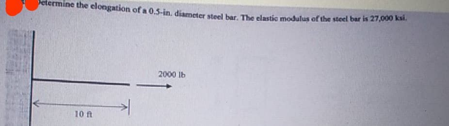 etermine the elongation of a 0.5-in, dianeter sterl bar The elastic modulus of the steel bar is 27000 kar.
2000 Ib
10 ft
