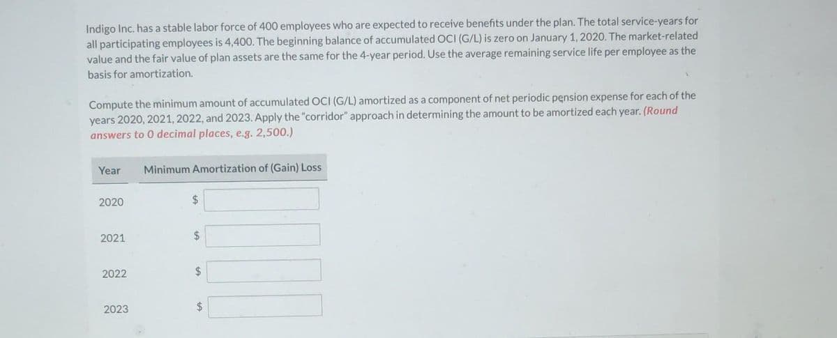 Indigo Inc. has a stable labor force of 400 employees who are expected to receive benefits under the plan. The total service-years for
all participating employees is 4,400. The beginning balance of accumulated OCI (G/L) is zero on January 1, 2020. The market-related
value and the fair value of plan assets are the same for the 4-year period. Use the average remaining service life per employee as the
basis for amortization.
Compute the minimum amount of accumulated OCI (G/L) amortized as a component of net periodic pension expense for each of the
years 2020, 2021, 2022, and 2023. Apply the "corridor" approach in determining the amount to be amortized each year. (Round
answers to 0 decimal places, e.g. 2,500.)
Year Minimum Amortization of (Gain) Loss
202
2021
2022
2023
$
$
tA