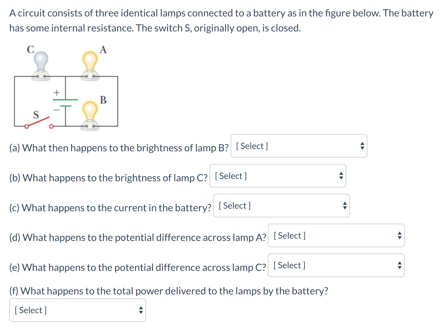 A circuit consists of three identical lamps connected to a battery as in the figure below. The battery
has some internal resistance. The switch S, originally open, is closed.
