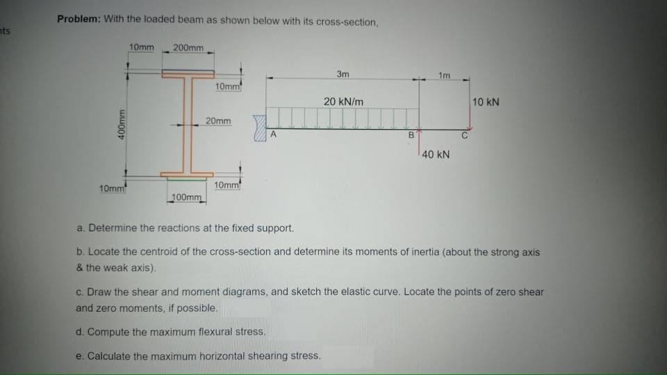 Problem: With the loaded beam as shown below with its cross-section,
nts
10mm
200mm
3m
1m
10mm
20 kN/m
10 kN
20mm
B
40 kN
10mm
10mm
100mm
a. Determine the reactions at the fixed support.
b. Locate the centroid of the cross-section and determine its moments of inertia (about the strong axis
& the weak axis).
c. Draw the shear and moment diagrams, and sketch the elastic curve. Locate the points of zero shear
and zero moments, if possible.
d. Compute the maximum flexural stress.
e. Calculate the maximum horizontal shearing stress.
400mm
