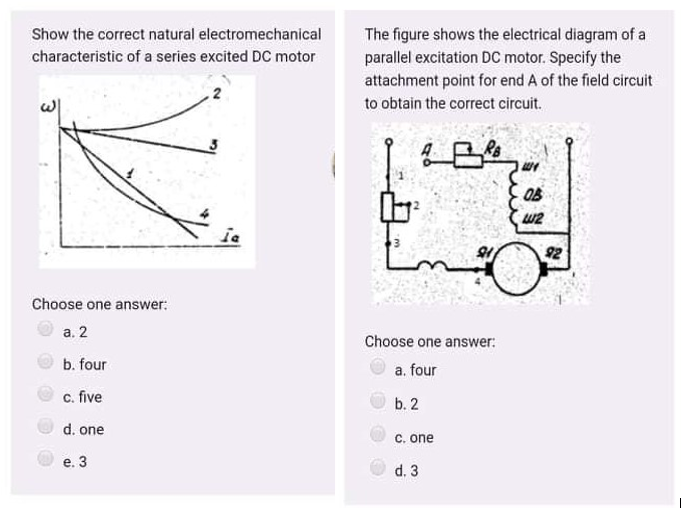 The figure shows the electrical diagram of a
parallel excitation DC motor. Specify the
attachment point for end A of the field circuit
Show the correct natural electromechanical
characteristic of a series excited DC motor
to obtain the correct circuit.
OB
w2
ia
92
Choose one answer:
а. 2
Choose one answer:
b. four
a. four
C. five
b. 2
d. one
C. one
е. 3
d. 3
