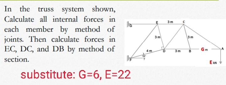 In the truss system shown,
Calculate all internal forces in
E
3 m
each member by method of
joints. Then calculate forces in
EC, DC, and DB by method of
3 m
3 m
Gm
4 m
3 m
B
15
section.
E KN
substitute: G=6, E=22
