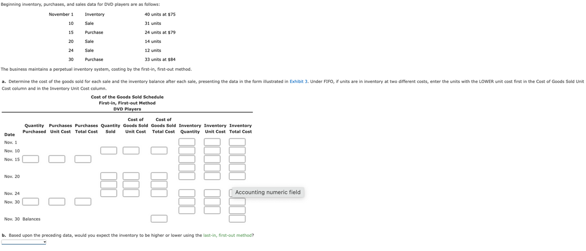 Beginning inventory, purchases, and sales data for DVD players are as follows:
November 1
Inventory
Date
Nov. 1
Nov. 10
Nov. 15
Nov. 20
10
15
Nov. 24
Nov. 30
20
24
30
Sale
Nov. 30 Balances
Purchase
12 units
33 units at $84
The business maintains a perpetual inventory system, costing by the first-in, first-out method.
Sale
Sale
a. Determine the cost of the goods sold for each sale and the inventory balance after each sale, presenting the data in the form illustrated in Exhibit 3. Under FIFO, if units are in inventory at two different costs, enter the units with the LOWER unit cost first in the Cost of Goods Sold Unit
Cost column and in the Inventory Unit Cost column.
Purchase
40 units at $75
31 units
24 units at $79
14 units
Quantity Purchases Purchases Quantity
Purchased Unit Cost Total Cost Sold
Cost of the Goods Sold Schedule
First-in, First-out Method
DVD Players
Cost of
Cost of
Goods Sold
Goods Sold Inventory Inventory Inventory
Unit Cost Total Cost Quantity Unit Cost Total Cost
Accounting numeric field
b. Based upon the preceding data, would you expect the inventory to be higher or lower using the last-in, first-out method?