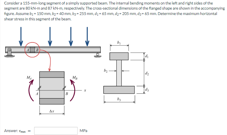 Consider a 155-mm-long segment of a simply supported beam. The internal bending moments on the left and right sides of the
segment are 80 kN-m and 87 kN-m, respectively. The cross-sectional dimensions of the flanged shape are shown in the accompanying
figure. Assume b₁ = 150 mm, b₂ = 40 mm, b3 = 255 mm, d₁= 65 mm, d₂= 205 mm, d3= 65 mm. Determine the maximum horizontal
shear stress in this segment of the beam.
b₁
| A B
d₁
b₂
d₂
MB
MA
d3
Answer: Tmax
Ax
B
MPa
b3