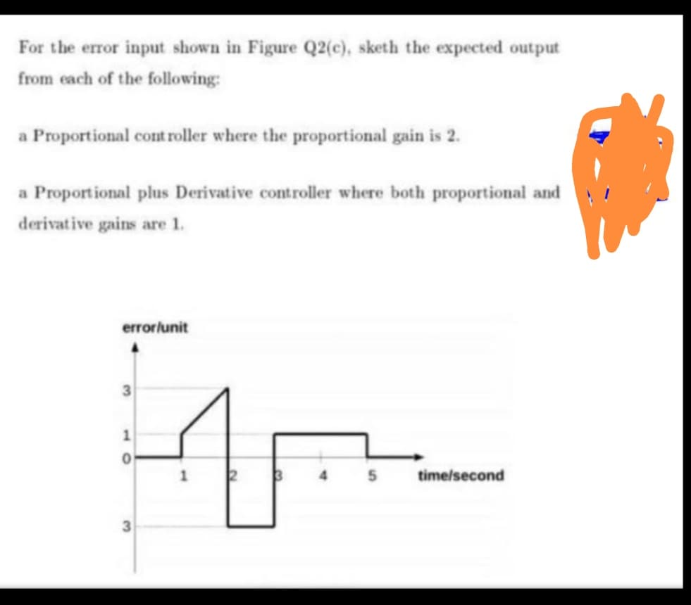 For the error input shown in Figure Q2(c), sketh the expected output
from each of the following:
a Proportional cont roller where the proportional gain is 2.
a Proportional plus Derivative controller where both proportional and
derivative gains are 1.
errorlunit
timelsecond
