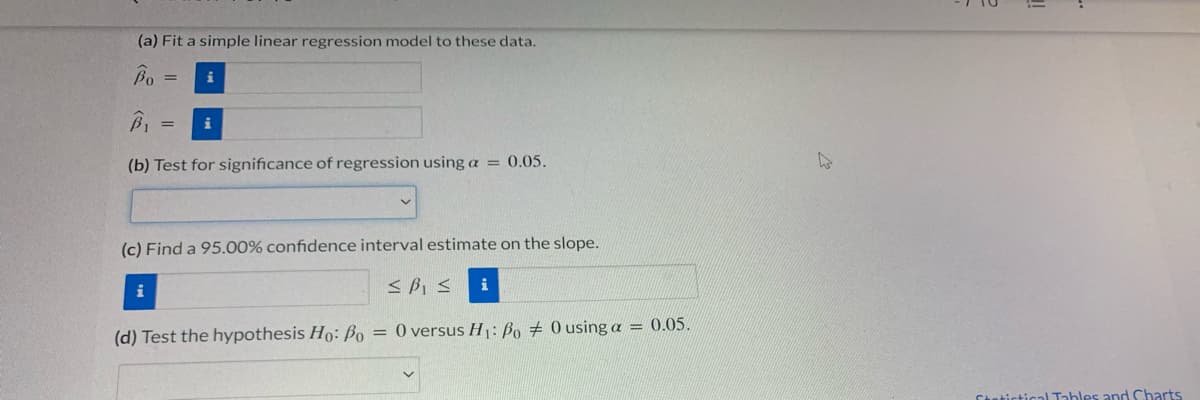 (a) Fit a simple linear regression model to these data.
(b) Test for significance of regression using a = 0.05.
(c) Find a 95.00% confidence interval estimate on the slope.
i
(d) Test the hypothesis Ho: Bo = 0 versus H: Bo # 0 using a = 0.05.
Chetictical Tables and Charts
