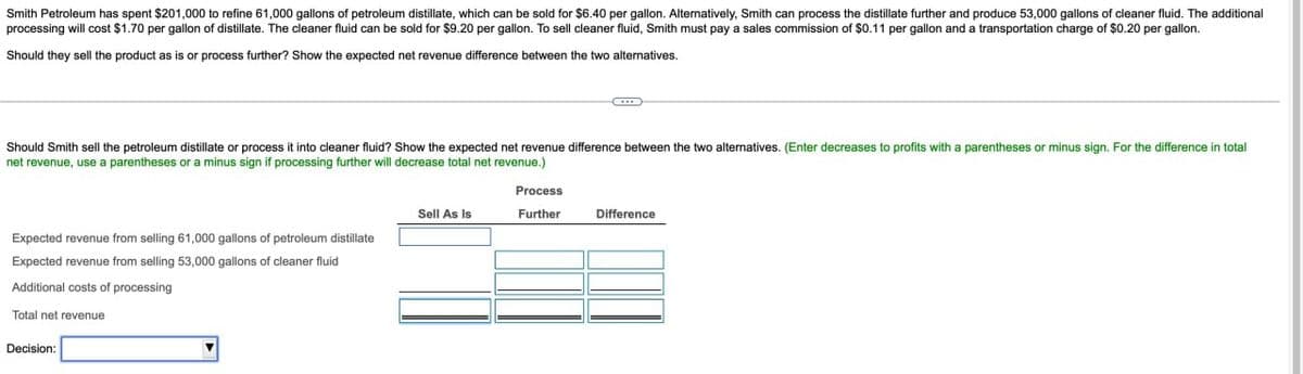 Smith Petroleum has spent $201,000 to refine 61,000 gallons of petroleum distillate, which can be sold for $6.40 per gallon. Alternatively, Smith can process the distillate further and produce 53,000 gallons of cleaner fluid. The additional
processing will cost $1.70 per gallon of distillate. The cleaner fluid can be sold for $9.20 per gallon. To sell cleaner fluid, Smith must pay a sales commission of $0.11 per gallon and a transportation charge of $0.20 per gallon.
Should they sell the product as is or process further? Show the expected net revenue difference between the two alternatives.
Should Smith sell the petroleum distillate or process it into cleaner fluid? Show the expected net revenue difference between the two alternatives. (Enter decreases to profits with a parentheses or minus sign. For the difference in total
net revenue, use a parentheses or a minus sign if processing further will decrease total net revenue.)
Expected revenue from selling 61,000 gallons of petroleum distillate
Expected revenue from selling 53,000 gallons of cleaner fluid
Additional costs of processing
Total net revenue
Decision:
Sell As Is
Process
Further
Difference