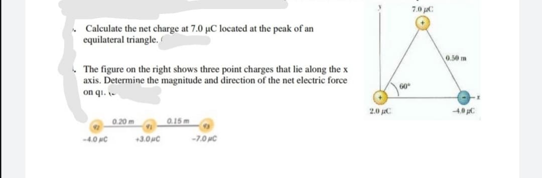 7.0 µC
Calculate the net charge at 7.0 µC located at the peak of an
equilateral triangle.
0.50 m
The figure on the right shows three point charges that lie along the x
axis. Determine the magnitude and direction of the net electric force
on qi. -
60°
2.0 με
-4.0 µC
0.20 m
0.15 m
-4.0 µC
+3.0 µC
-7.0 µC
