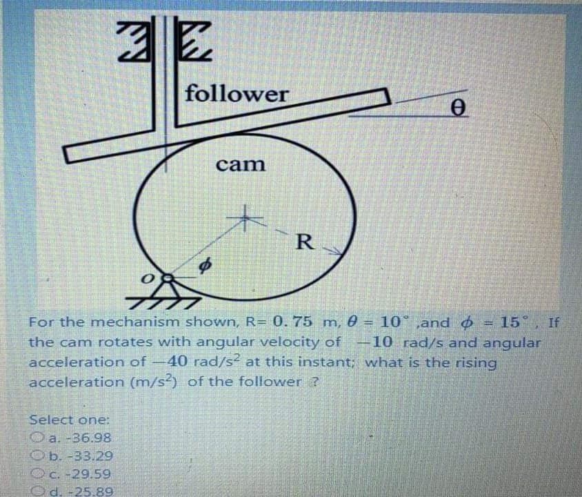 follower
cam
R
For the mechanism shown, R= 0. 75 m, 0 = 10° ,and ɖ = 15°
-10 rad/s and angular
the cam rotates with angular velocity of
acceleration of-40 rad/s² at this instant; what is the rising
acceleration (m/s) of the follower ?
Select one:
O a. -36.98
Ob. -33.29
Oc -29.59
Od. -25.89
