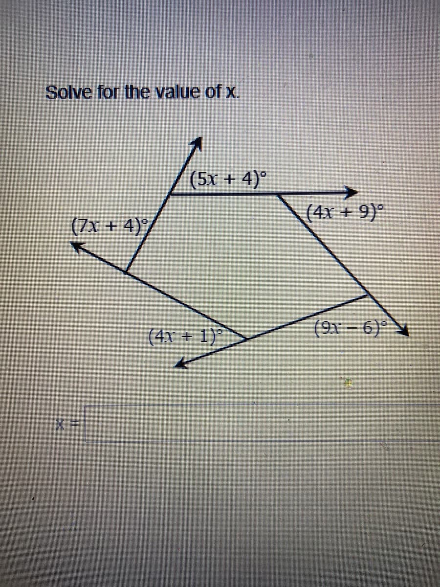 Solve for the value of x.
(5x + 4)°
(4x + 9)°
(7x + 4)/
(4x + 1)ª
(91 - 6)°
