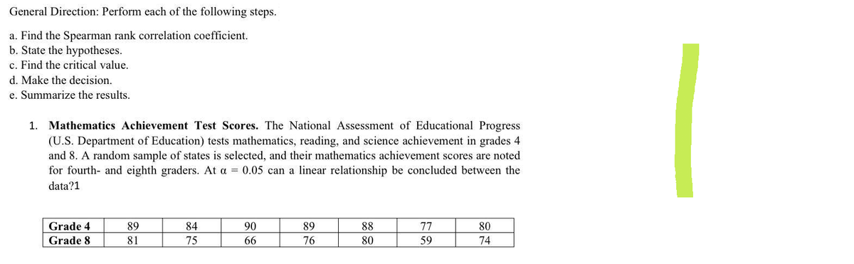 General Direction: Perform each of the following steps.
a. Find the Spearman rank correlation coefficient.
b. State the hypotheses.
c. Find the critical value.
d. Make the decision.
e. Summarize the results.
1. Mathematics Achievement Test Scores. The National Assessment of Educational Progress
(U.S. Department of Education) tests mathematics, reading, and science achievement in grades 4
and 8. A random sample of states is selected, and their mathematics achievement scores are noted
for fourth- and eighth graders. At a = 0.05 can a linear relationship be concluded between the
data?1
Grade 4
89
84
90
89
88
77
80
Grade 8
81
75
66
76
80
59
74