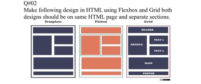 Q#02
Make following design in HTML using Flexbox and Grid both
designs should be on same HTML page and separate sections.
Template
Flebox
Grid
HEADER
TEXT I
ARTICLE
TEXT 1
МAIN
FOOTER
