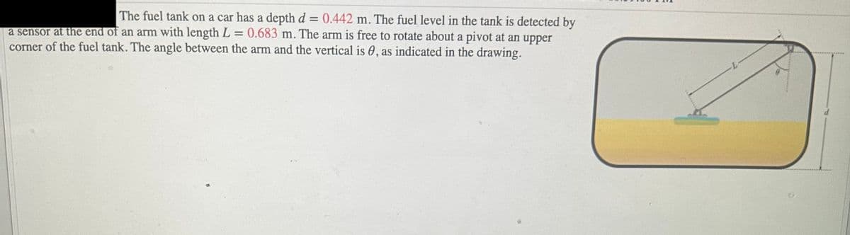 The fuel tank on a car has a depth d = 0.442 m. The fuel level in the tank is detected by
a sensor at the end of an arm with length L = 0.683 m. The arm is free to rotate about a pivot at an upper
corner of the fuel tank. The angle between the arm and the vertical is, as indicated in the drawing.