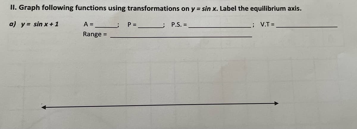 II. Graph following functions using transformations on y = sin x. Label the equilibrium axis.
a) y = sin x+1
A =
P =
P.S. =
; V.T =
Range =
