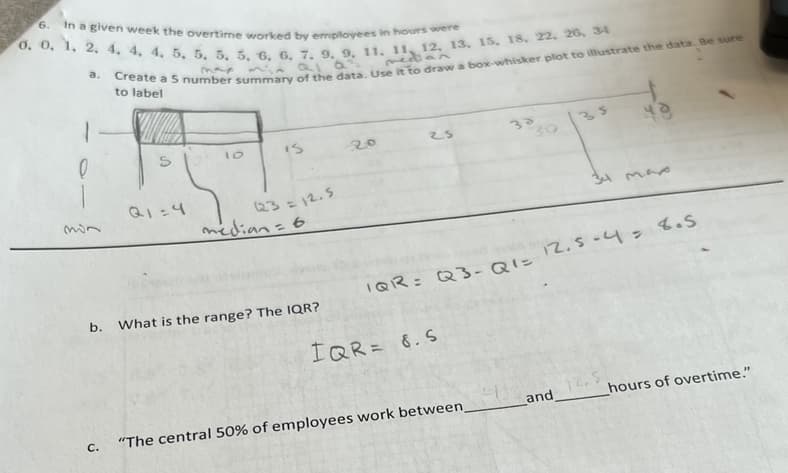 In a given week the overtime worked by employees in hours were
6.
a.
mar
min QL a
medtan
to label
35
is
20
30
23= 12.5
median= 6
QI=4
34 mae
mAへ
12.5-4=8.5
IQR= Q3- Q!=
b.
What is the range? The IQR?
IQR= 6.5
and
hours of overtime."
C.
"The central 50% of employees work between.
デー
