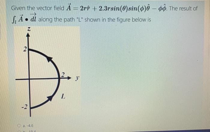 Given the vector field A = 2rî + 2.3rsin(0)sin(4)ô – o0. The result of
S A • dl along the path "L" shown in the figure below is
y
L
-2
O a. -4.6
2
