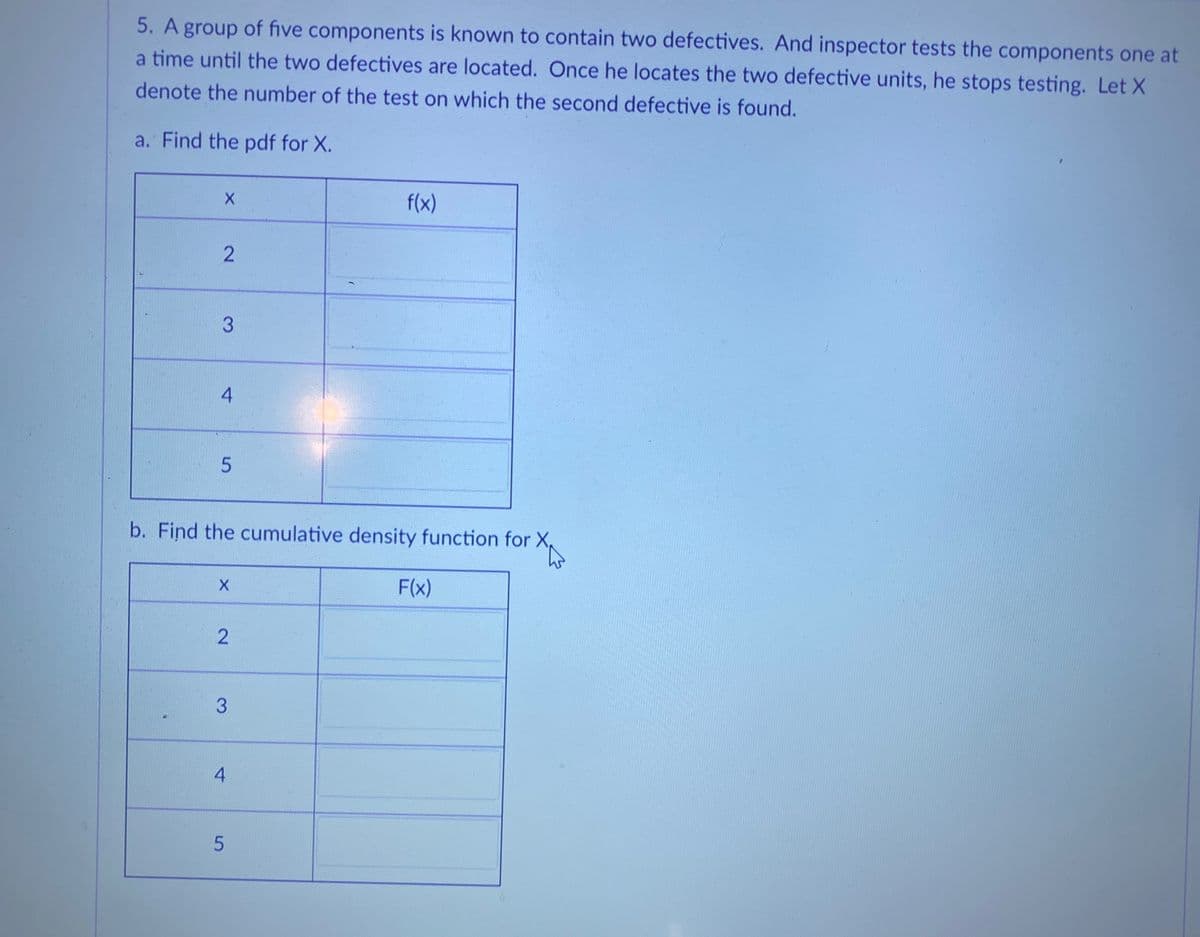 group of five components is known to contain two defectives. And inspector tests the components one at
a time until the two defectives are located. Once he locates the two defective units, he stops testing. Let X
5.
denote the number of the test on which the second defective is found.
a. Find the pdf for X.
f(x)
3.
b. Find the cumulative density function for X,
F(x)
3.
4.
4.
2.
