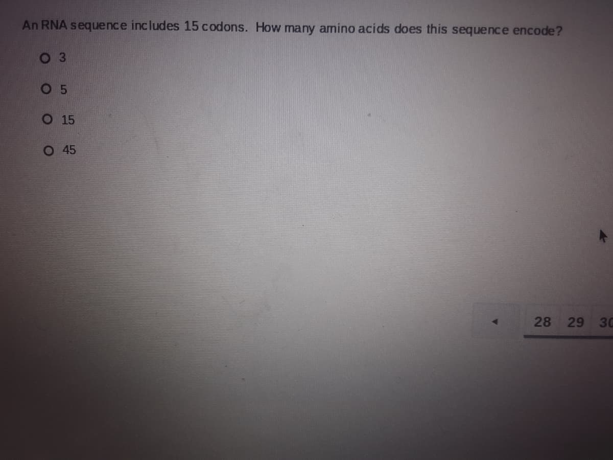 An RNA sequence includes 15 codons. How many amino acids does this sequence encode?
O 5
O 15
O 45
28
29
30
