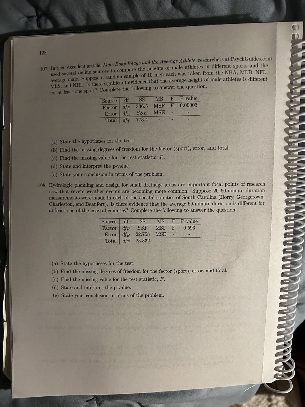 128
107. In their excellent article, Male Body Image and the Average Athlete, researchers at PsychGuides.com
used several online sources to compare the heights of male athletes in different sports and the
average male. Suppose a random sample of 10 men each was taken from the NBA, MLB, NFL,
MLS, and NHL. Is there significant evidence that the average height of male athletes is different
for at least one sport? Complete the following to answer the question.
df
MS
Source
SS
Factor df 336.5 MSF
336.5 MSF
Error dfe SSE MSE
Total dfr 773.4
(a) State the hypotheses for the test.
(b) Find the missing degrees of freedom for the factor (sport), error, and total.
(c) Find the missing value for the test statistic, F.
(d) State and interpret the p-value.
(e) State your conclusion in terms of the problem.
F P-value
F 0.00003
108. Hydrologic planning and design for small drainage areas are important focal points of research
now that severe weather events are becoming more common. Suppose 20 60-minute duration
measurements were made in each of the coastal counties of South Carolina (Horry, Georgetown,
Charleston, and Beaufort). Is there evidence that the average 60-minute duration is different for
at least one of the coastal counties? Complete the following to answer the question.
Source df SS
Factor dfF SSF
Error dfE 22.758
Total dfr 23.332
MS F P-value
MSF F 0.593
MSE
(a) State the hypotheses for the test.
(b) Find the missing degrees of freedom for the factor (sport), error, and total.
(c) Find the missing value for the test statistic, F.
(d) State and interpret the p-value.
(e) State your conclusion in terms of the problem.
00