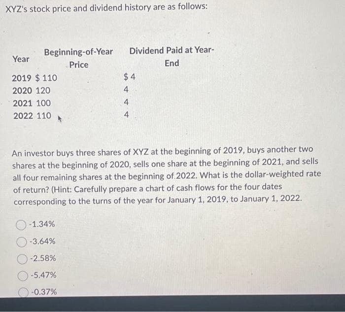 XYZ's stock price and dividend history are as follows:
Beginning-of-Year
Price
Year
2019 $ 110
2020 120
2021 100
2022 110
-1.34%
-3.64%
-2.58%
-5.47%
-0.37%
Dividend Paid at Year-
End
$4
4
44
An investor buys three shares of XYZ at the beginning of 2019, buys another two
shares at the beginning of 2020, sells one share at the beginning of 2021, and sells
all four remaining shares at the beginning of 2022. What is the dollar-weighted rate
of return? (Hint: Carefully prepare a chart of cash flows for the four dates
corresponding to the turns of the year for January 1, 2019, to January 1, 2022.