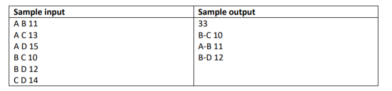 Sample input
АВ 11
А С 13
Sample output
33
В-С 10
AD 15
А-В 11
В С 10
B-D 12
BD 12
CD 14
