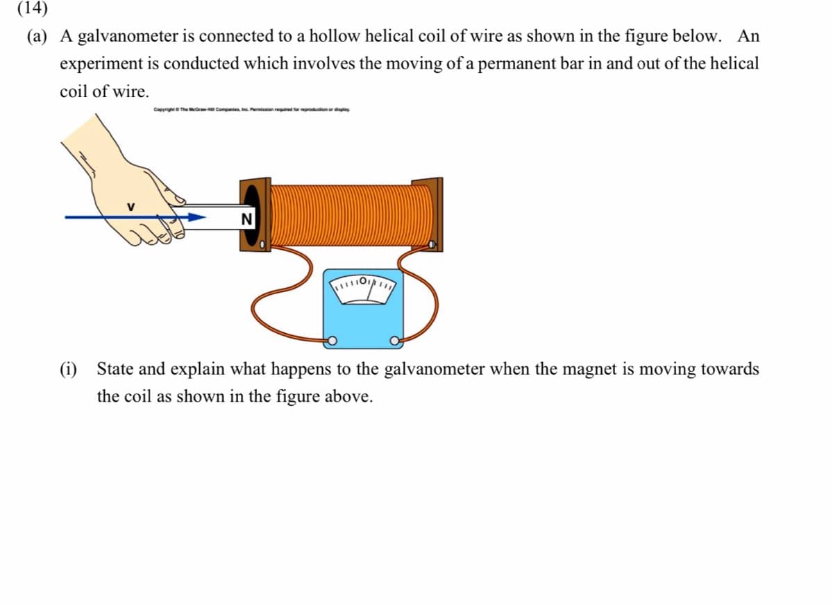 (14)
(a) A galvanometer is connected to a hollow helical coil of wire as shown in the figure below. An
experiment is conducted which involves the moving of a permanent bar in and out of the helical
coil of wire.
Capyrige The MGr Companies Piion required oreproduction or disptey
(i)
State and explain what happens to the galvanometer when the magnet is moving towards
the coil as shown in the figure above.
