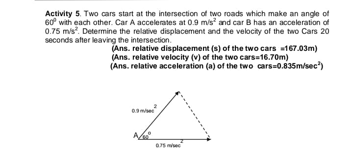 Activity 5. Two cars start at the intersection of two roads which make an angle of
60° with each other. Car A accelerates at 0.9 m/s? and car B has an acceleration of
0.75 m/s?. Determine the relative displacement and the velocity of the two Cars 20
seconds after leaving the intersection.
(Ans. relative displacement (s) of the two cars =167.03m)
(Ans. relative velocity (v) of the two cars=16.70m)
(Ans. relative acceleration (a) of the two cars=0.835m/sec?)
2
0.9 m/sec
A/60
0.75 m/sec
