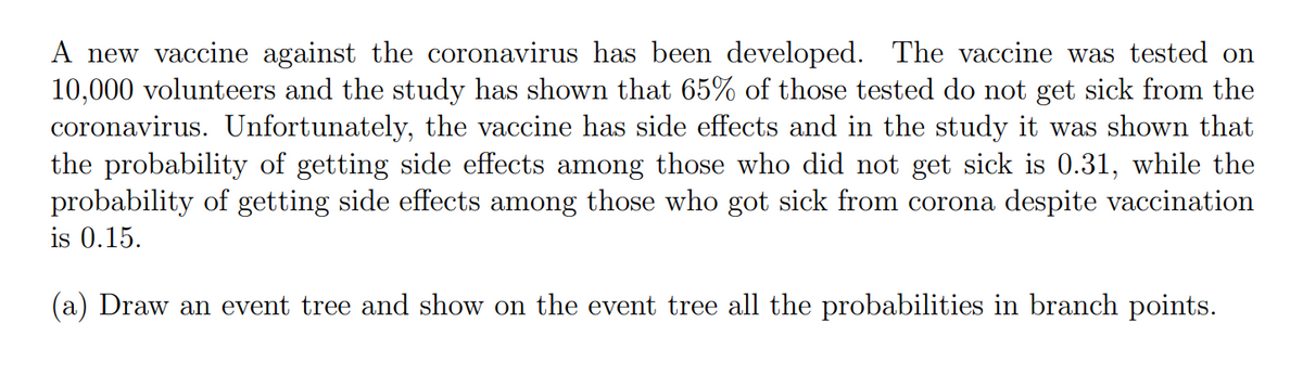 A new vaccine against the coronavirus has been developed. The vaccine was tested on
10,000 volunteers and the study has shown that 65% of those tested do not get sick from the
coronavirus. Unfortunately, the vaccine has side effects and in the study it was shown that
the probability of getting side effects among those who did not get sick is 0.31, while the
probability of getting side effects among those who got sick from corona despite vaccination
is 0.15.
(a) Draw an event tree and show on the event tree all the probabilities in branch points.