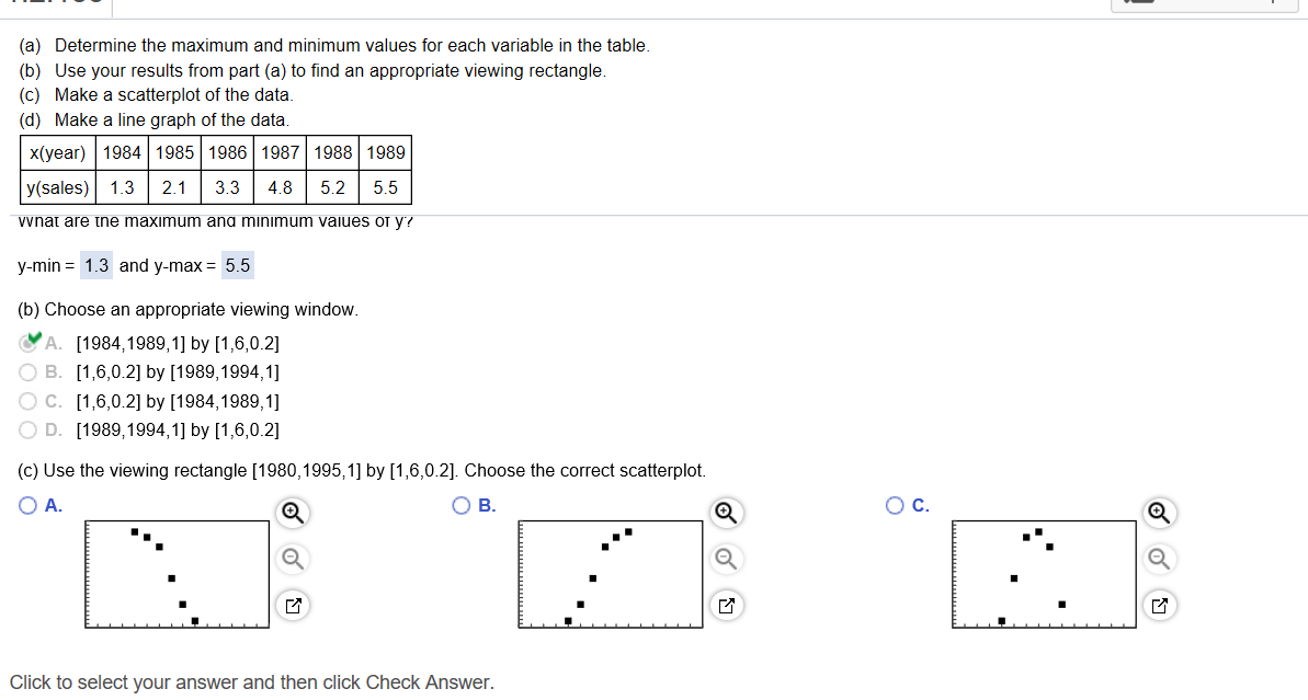 (a) Determine the maximum and minimum values for each variable in the table
(b) Use your results from part (a) to find an appropriate viewing rectangle
(c) Make a scatterplot of the data
(d) Make a line graph of the data
x(year) 1984|1985 1986 1987 1988 1989
y (sales)13 2.1 3.34.8 5.2 5.5
wnat are tne maximum ana minimum vaiues OT V
y-min1.3 and y-max- 5.5
(b) Choose an appropriate viewing window
yA. [1984,1989,1] by [1,6,0.2]
B. [1,6,0.2] by [1989,1994,1]
O C. [1,6,0.2] by [1984,1989,1]
D. [1989,1994,1] by [1,6,0.2]
(c) Use the viewing rectangle [1980,1995,1] by [1,6,0.2]. Choose the correct scatterplot.
Click to select your answer and then click Check Answer.
