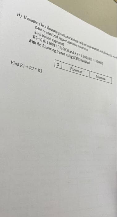 B) If numbers in a floating-point processing unit are represented as fallows m
8-bit normalized sign-magnitude mantissa
8-bit biased exponent
R2=00111001I 0110000 and R3=1 10010011 110000
With the following format using IEEE standard
Martissa
Exponent
Find RI = R2 R3
