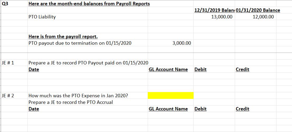 Q3
JE # 1
JE # 2
Here are the month-end balances from Payroll Reports
PTO Liability
Here is from the payroll report.
PTO payout due to termination on 01/15/2020
Prepare a JE to record PTO Payout paid on 01/15/2020
Date
How much was the PTO Expense in Jan 2020?
Prepare a JE to record the PTO Accrual
Date
3,000.00
GL Account Name
GL Account Name
12/31/2019 Balan 01/31/2020 Balance
13,000.00
12,000.00
Debit
Debit
Credit
Credit