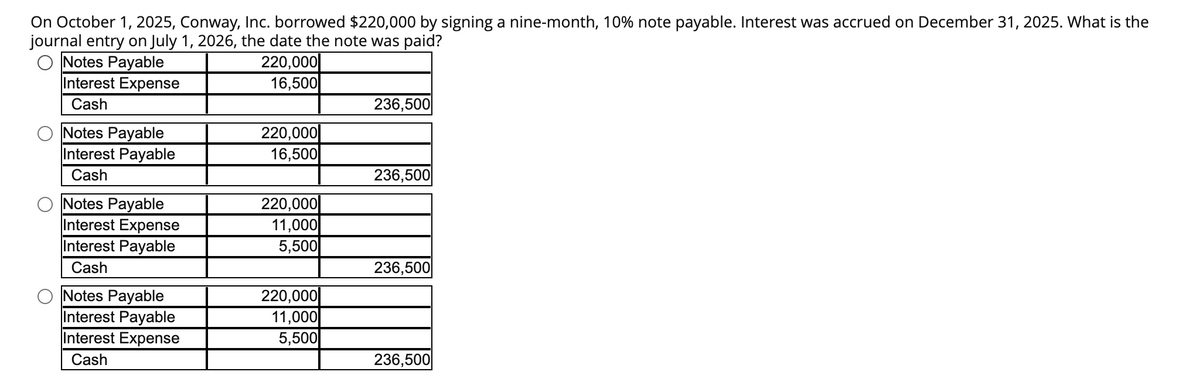 On October 1, 2025, Conway, Inc. borrowed $220,000 by signing a nine-month, 10% note payable. Interest was accrued on December 31, 2025. What is the
journal entry on July 1, 2026, the date the note was paid?
O Notes Payable
220,000
16,500
Interest Expense
Cash
Notes Payable
Interest Payable
Cash
Notes Payable
Interest Expense
Interest Payable
Cash
Notes Payable
Interest Payable
Interest Expense
Cash
220,000
16,500
220,000
11,000
5,500
220,000
11,000
5,500
236,500
236,500
236,500
236,500