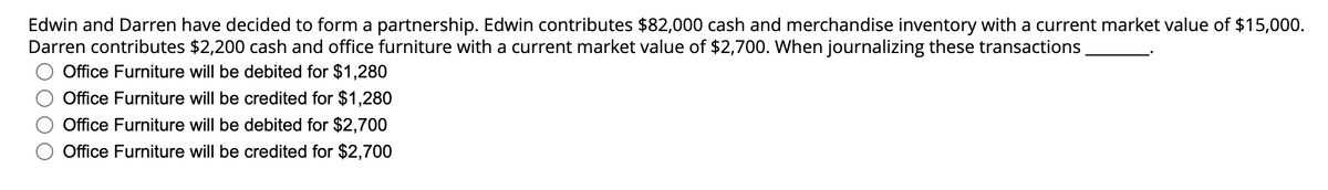 Edwin and Darren have decided to form a partnership. Edwin contributes $82,000 cash and merchandise inventory with a current market value of $15,000.
Darren contributes $2,200 cash and office furniture with a current market value of $2,700. When journalizing these transactions.
Office Furniture will be debited for $1,280
Office Furniture will be credited for $1,280
Office Furniture will be debited for $2,700
Office Furniture will be credited for $2,700