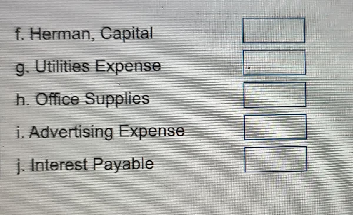 f. Herman, Capital
g. Utilities Expense
h. Office Supplies
i. Advertising Expense
j. Interest Payable
