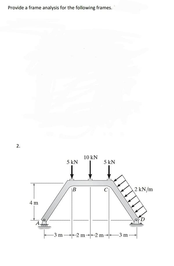 Provide a frame analysis for the following frames.
2.
4 m
A.
-3 m
5 kN
B
10 KN
5 KN
mim
2 m2 m→
-3 m
2 kN/m