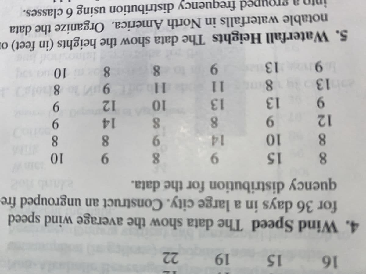 16
15
4. Wind Speed The data show the average wind speed
for 36 days in a large city. Construct an ungrouped fre
quency distribution for the data.
8
15
10
19
9
13
22
8
9
8
14
12
8
9
13
138
11
In 9 13 9 to 88
lle
9
10
9 8 8
14
9
10 12
159060
9
11bad 9
91 to 8 hol
80 10
M
5. Waterfall Heights The data show the heights (in feet) o
notable waterfalls in North America. Organize the data
into a grouped frequency distribution using 6 classes.