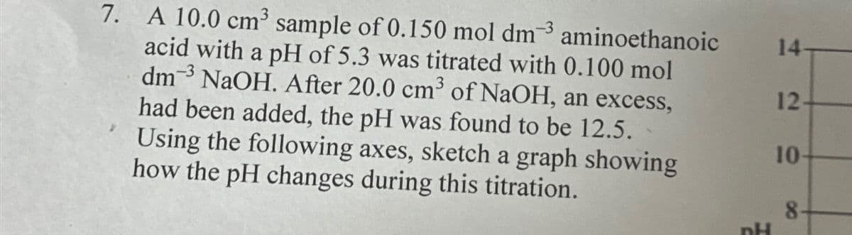 7. A 10.0 cm³ sample of 0.150 mol dm³ aminoethanoic
acid with a pH of 5.3 was titrated with 0.100 mol
dm³ NaOH. After 20.0 cm³ of NaOH, an excess,
had been added, the pH was found to be 12.5.
Using the following axes, sketch a graph showing
how the pH changes during this titration.
14
12
10
8.
nH