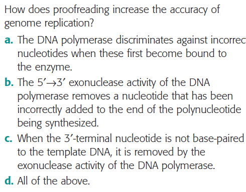 How does proofreading increase the accuracy of
genome replication?
a. The DNA polymerase discriminates against incorrec
nucleotides when these first become bound to
the enzyme.
b. The 5' 3' exonuclease activity of the DNA
polymerase removes a nucleotide that has been
incorrectly added to the end of the polynucleotide
being synthesized.
c. When the 3'-terminal nucleotide is not base-paired
to the template DNA, it is removed by the
exonuclease activity of the DNA polymerase.
d. All of the above.