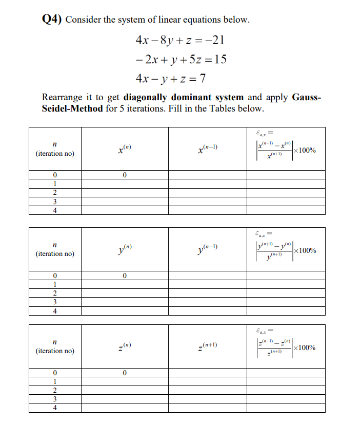 Q4) Consider the system of linear equations below.
4x – 8y + z = -21
- 2x + y+5z = 15
4x – y + z = 7
Rearrange it to get diagonally dominant system and apply Gauss-
Seidel-Method for 5 iterations. Fill in the Tables below.
-x
x100%
(iteration no)
1
3
4
yla+1)
x100%
(iteration no)
1
2
3
4
Ea =
z(m)
z(n+1)
|zla+1) _ z(m)|
x100%
(iteration no)
(n+1)
1
3
4
