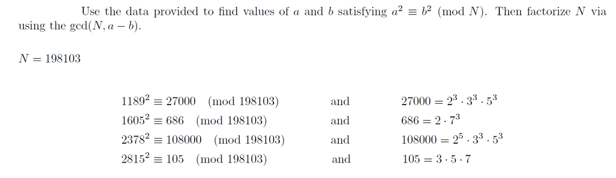 Use the data provided to find values of a and b satisfying a² = 6² (mod N). Then factorize N via
using the gcd(N, a - b).
N 198103
1189² = 27000 (mod 198103)
16052686 (mod 198103)
23782 108000 (mod 198103)
28152 105 (mod 198103)
and
and
and
and
2³.33.53
27000 =
686 = 2.7³
108000 = 25.3³.5³
105 3.5.7