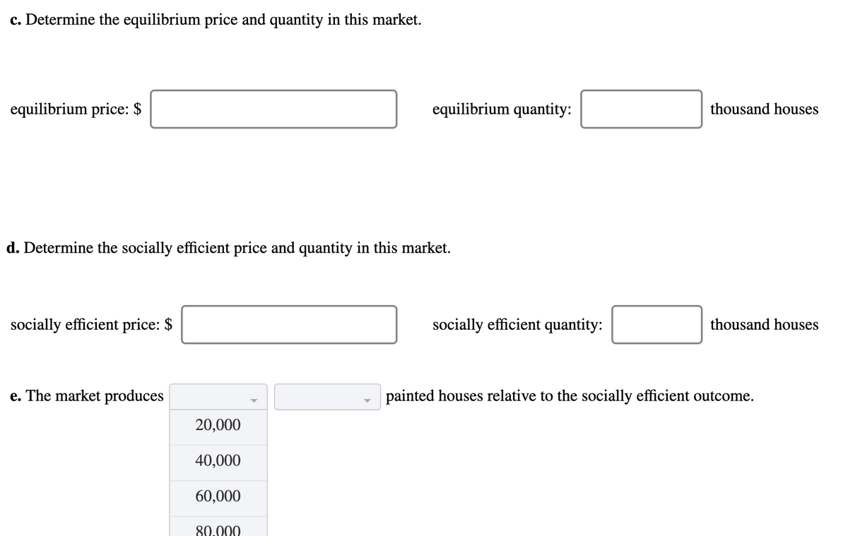 c. Determine the equilibrium price and quantity in this market.
equilibrium price: $
equilibrium quantity:
thousand houses
d. Determine the socially efficient price and quantity in this market.
socially efficient price: $
socially efficient quantity:
thousand houses
e. The market produces
painted houses relative to the socially efficient outcome.
20,000
40,000
60,000
80.000
