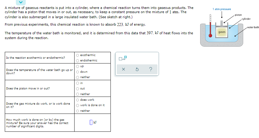 A mixture of gaseous reactants is put into a cylinder, where a chemical reaction turns them into gaseous products. The
cylinder has a piston that moves in or out, as necessary, to keep a constant pressure on the mixture of 1 atm. The
1 atm pressure
piston
cylinder is also submerged in a large insulated water bath. (See sketch at right.)
cylinder
From previous experiments, this chemical reaction is known to absorb 223. kJ of energy.
water bath
The temperature of the water bath is monitored, and it is determined from this data that 397. kJ of heat flows into the
system during the reaction.
gases
O exothermic
Is the reaction exothermic or endothermic?
endothermic
up
Does the temperature of the water bath go up or
down?
down
neither
in
Does the piston move in or out?
out
O neither
O does work
Does the gas mixture do work, or is work done
on it?
work is done on it
O neither
How much work is done on (or by) the gas
mixture? Be sure your answer has the correct
number of significant digits.
