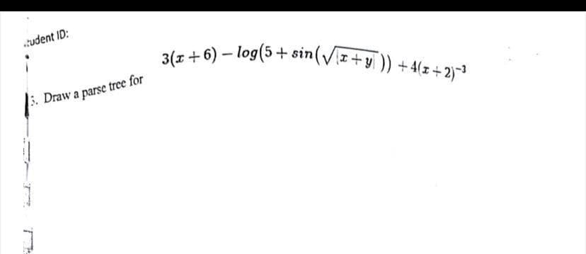 tudent ID:
3(z + 6) – log(5+ sin(Vz+y)) +4(z + 2)-3
5. Draw a parse tree for
