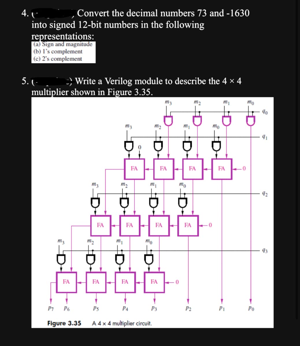 Convert the decimal numbers 73 and -1630
into signed 12-bit numbers in the following
representations:
(a) Sign and magnitude
(b) l's complement
(c) 2's complement
5. (-
Write a Verilog module to describe the 4 × 4
multiplier shown in Figure 3.35.
m3
FA
P1 P6
H
Figure 3.35
m3
m₂
D
FA
FA
1
P5
←
m3
m₂
m₁
FA
FA
FA
P4
0000
FA
FA
mo
m₁
mo
m₂
D
FA
A 4 x 4 multiplier circuit.
m3
P3
D
FA ←
m₁
0
FA
m₂
P2
mo
0
m₁
D
FA
P1
-0
mo
Po
90
91
92
93