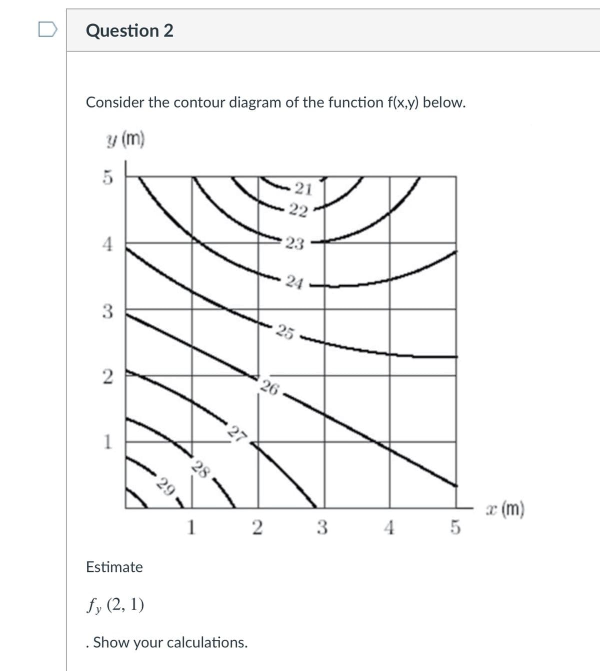 Question 2
Consider the contour diagram of the function f(x,y) below.
y (m)
21
22
23
4
24
3
25
26
2
27
1
x (m)
3
4
1
2
Estimate
fy (2, 1)
. Show your calculations.
28
29
