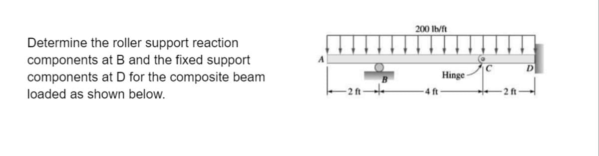 200 lb/ft
Determine the roller support reaction
components at B and the fixed support
components at D for the composite beam
A
D
Hinge -
B
loaded as shown below.
–2 ft-
4 ft
-2 ft
